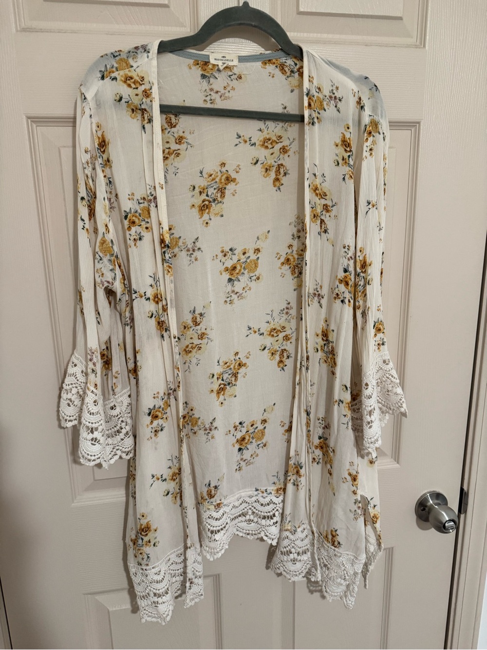 Floral Lace-Trim Open Cardigan - White with Mustard Floral